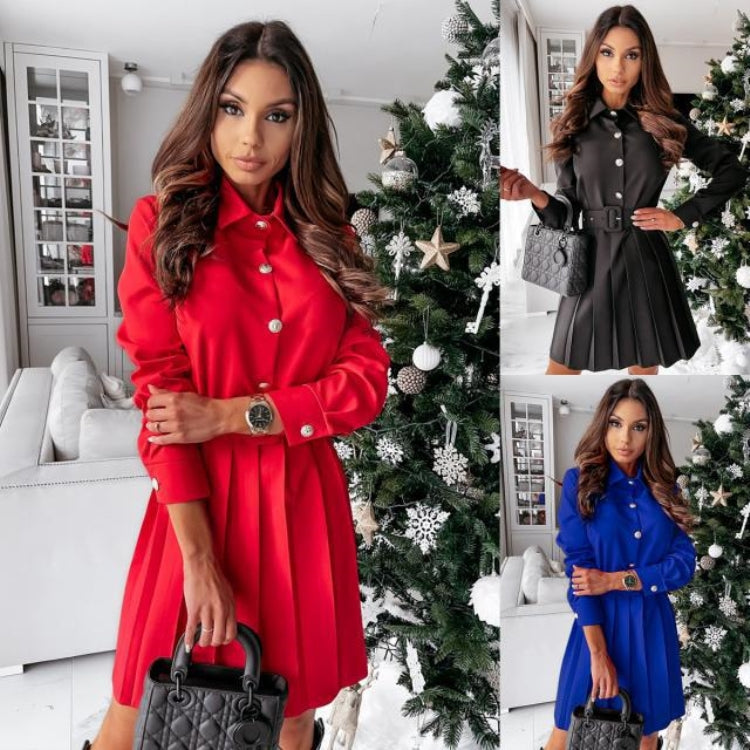 BamBam Women Autumn Red Modest Turn-down Collar Full Sleeves Solid Pleated Mini A-line Office Dress - BamBam