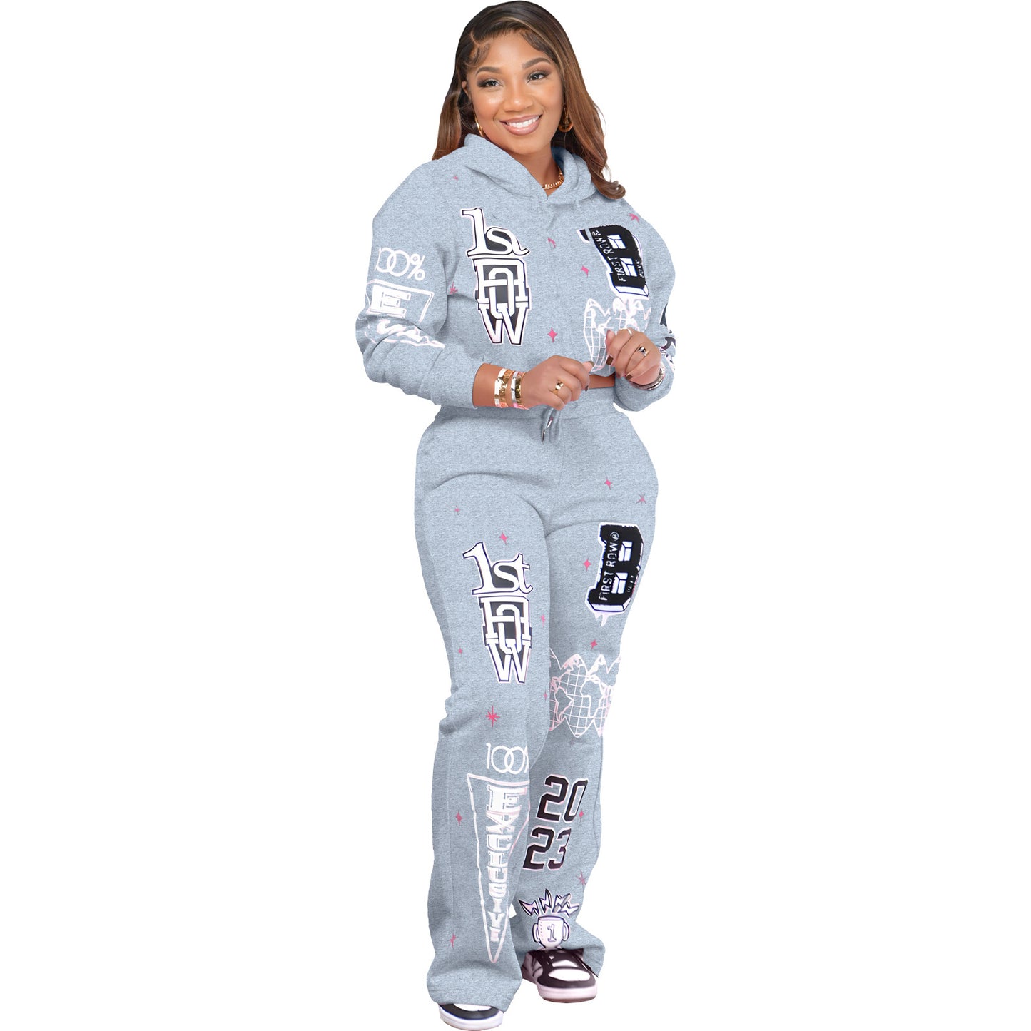 BamBam Women Fall/Winter Casual Print Hoodies and Pant Two-piece Set - BamBam