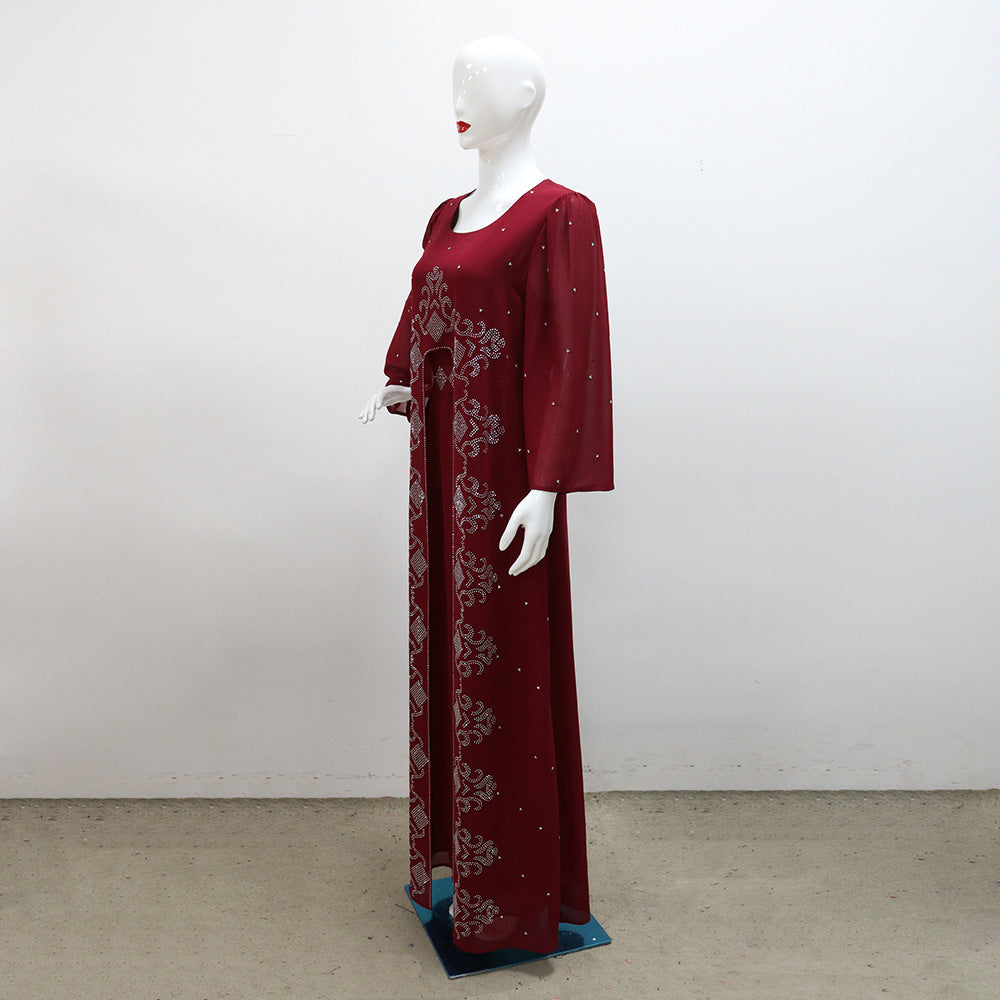 BamBam Women's Fashion Beaded Fake Two Piece Dresses Abaya Chiffon Robe - BamBam