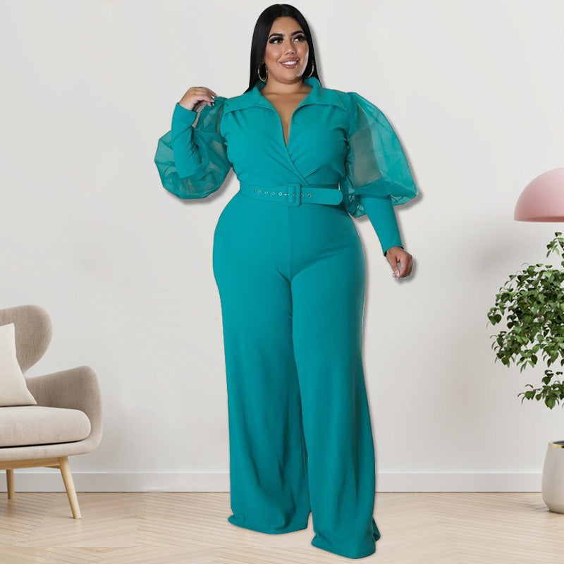 BamBam Plus Size Women Lapel Mesh Long Sleeve Jumpsuit with Belt - BamBam Clothing