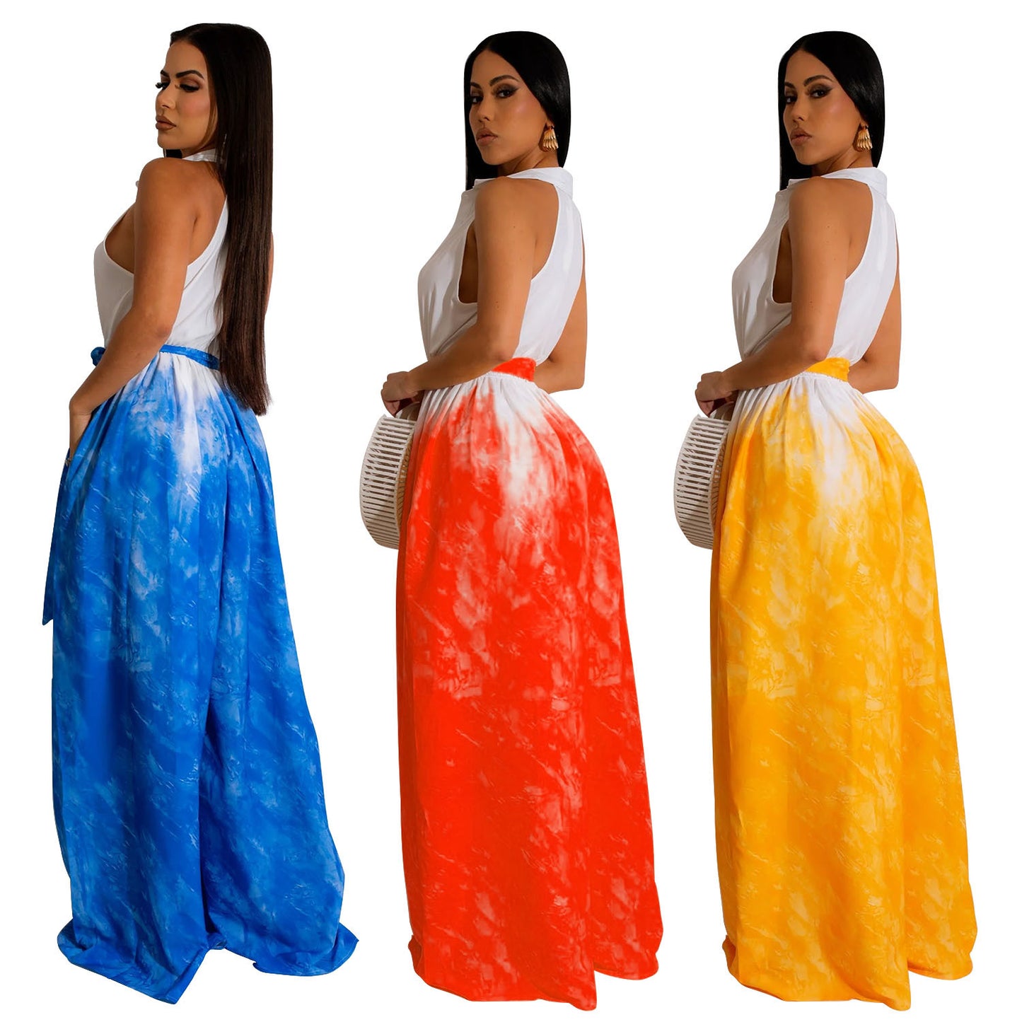 BamBam Women's Fashion Printed Sleeveless V-Neck Belted Maxi Dress For Women - BamBam