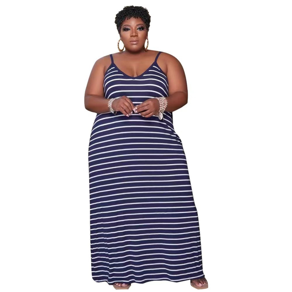 BamBam Stripe Print Dress Plus Size Women's Loungewear Loose Dress - BamBam