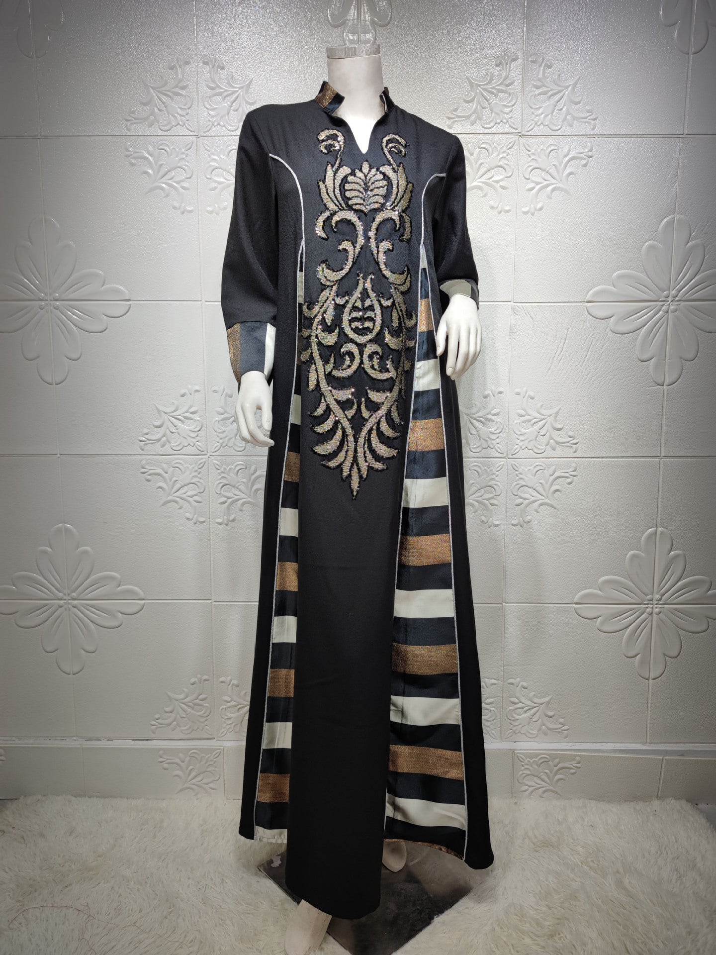 BamBam Women Embroidered Striped Abaya Muslim Dubai Muslim Robe Long Dress - BamBam