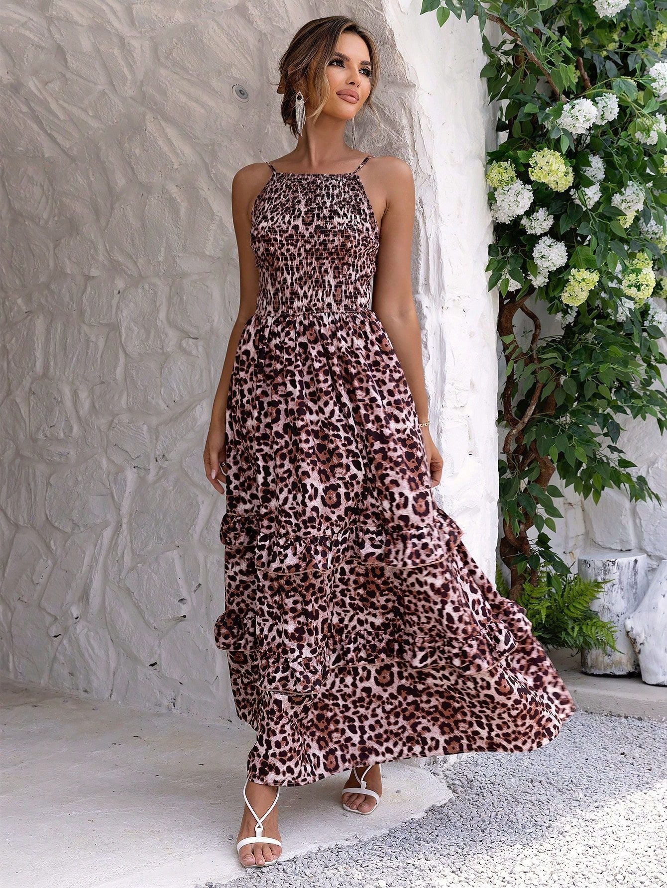 BamBam Summer Sexy Fashion Casual Leopard Print Straps A-Line Long Dress - BamBam