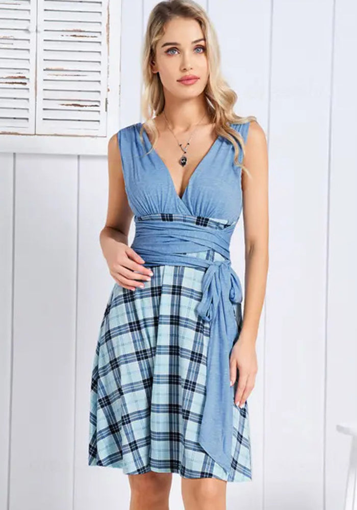 Plus Size Women Deep V Plaid Patchwork Loose Dress