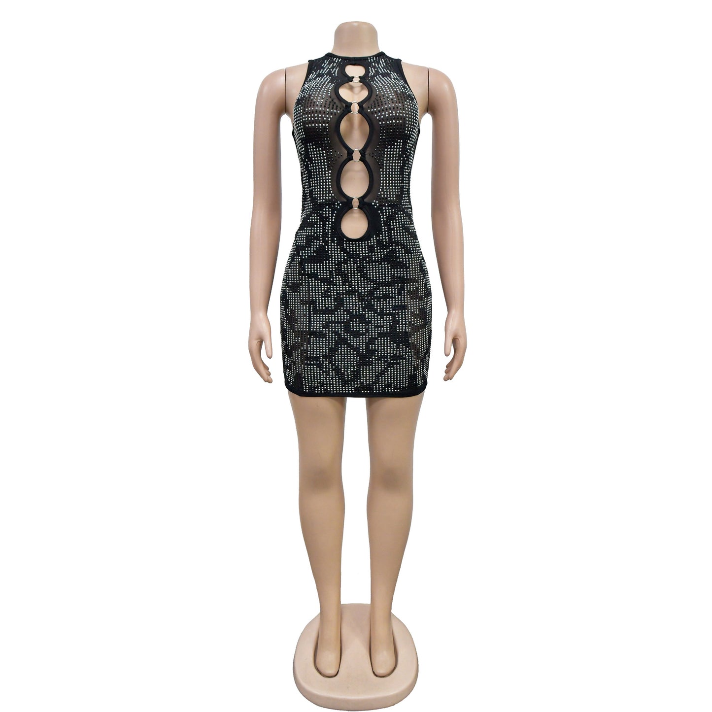 BamBam Women Solid mesh Beaded Hollow Bodycon Dress - BamBam Clothing Clothing