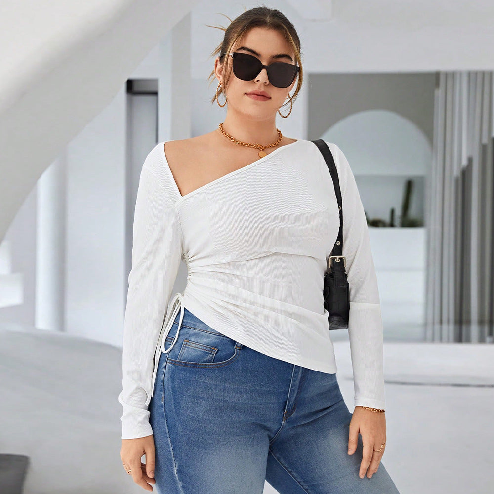 BamBam Plus Size Women High Long Sleeve Slash Shoulder Off-the-Shoulder Irregular Pleated T-Shirt - BamBam