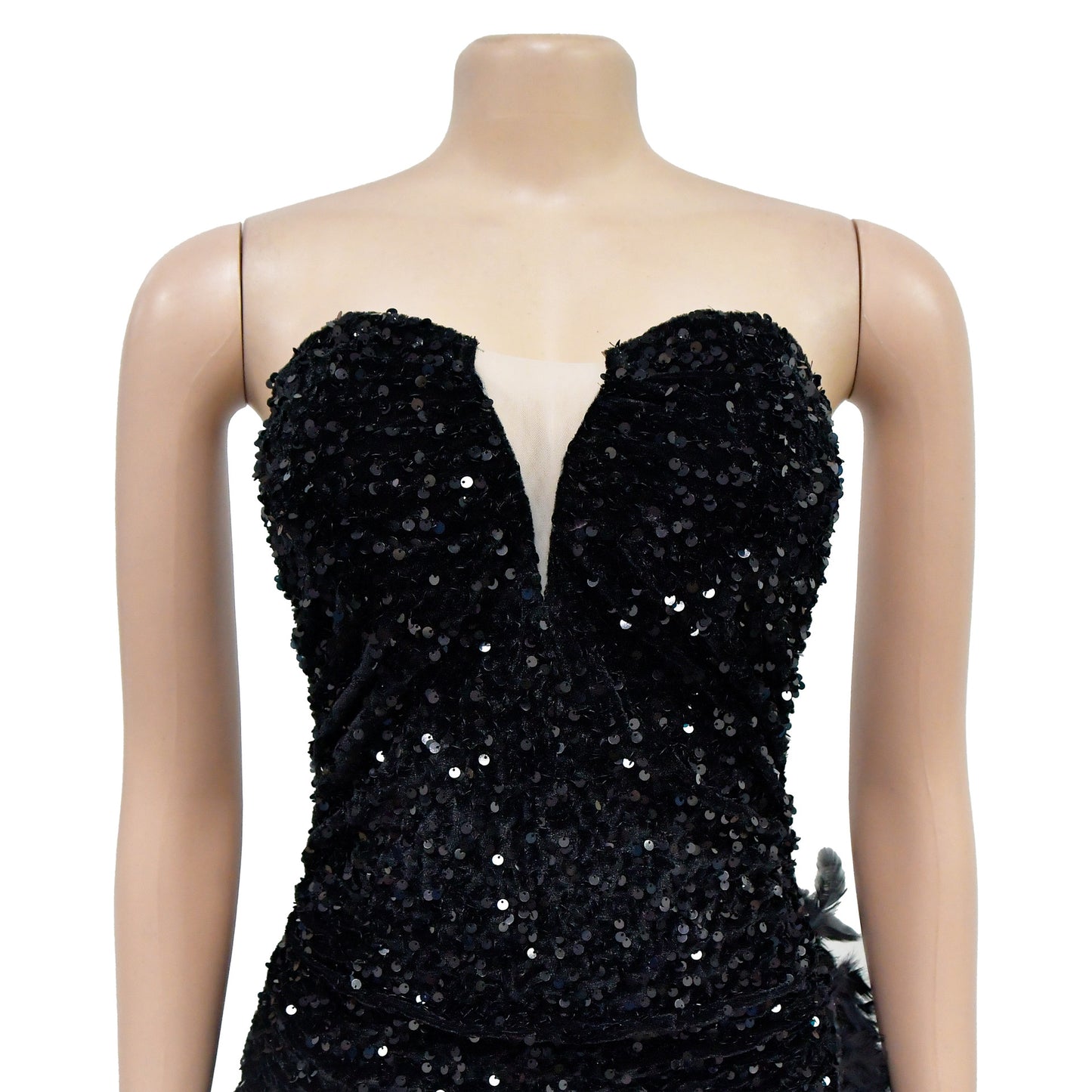 BamBam Women Solid Strapless Backless Sequin Feather Dress - BamBam Clothing Clothing