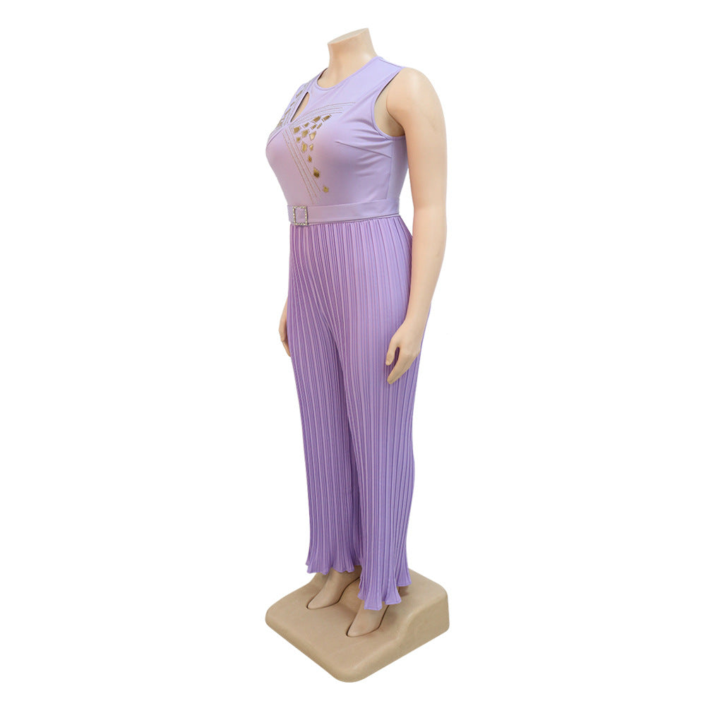 BamBam Ladies Round Neck Sleeveless Beaded Casual Loose Pleated Jumpsuit With Belt - BamBam Clothing