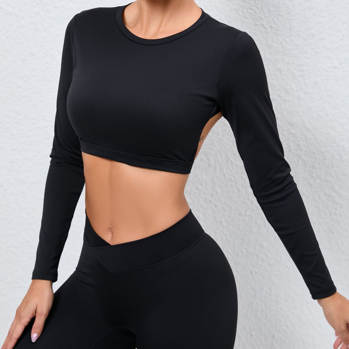 BamBam Women Backless Sports Running Quick-Drying Yoga Wear with Bra Pad Long Sleeve Top - BamBam