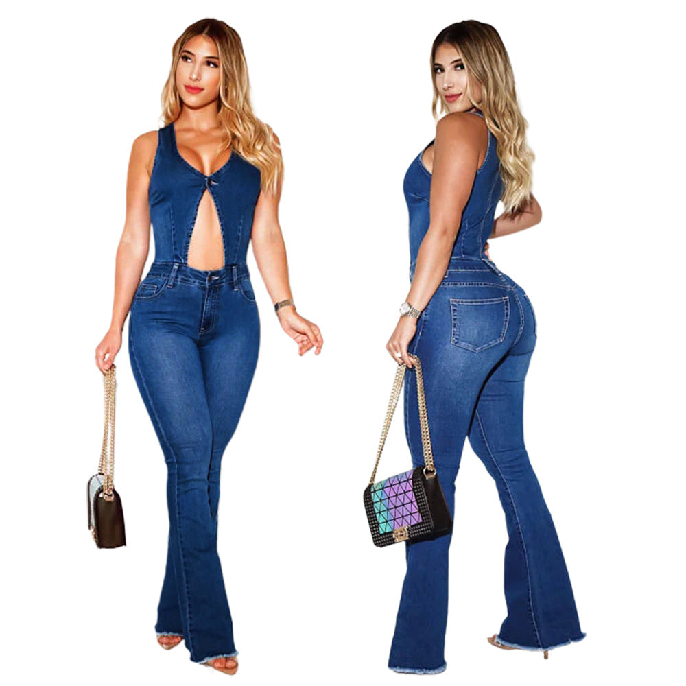 BamBam Sexy Fashion Slim Fit Sleeveless Hollow Out Denim Jumpsuit - BamBam Clothing