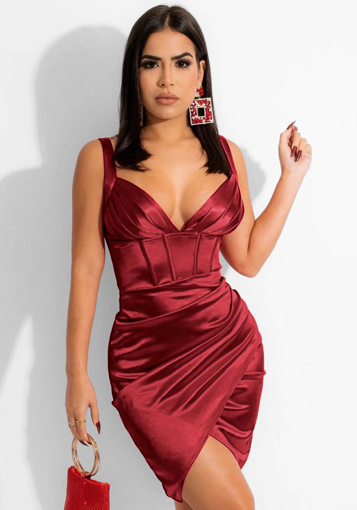 Women Summer Red Sexy V-neck Sleeveless Solid color Satin Mini Bodycon Dress