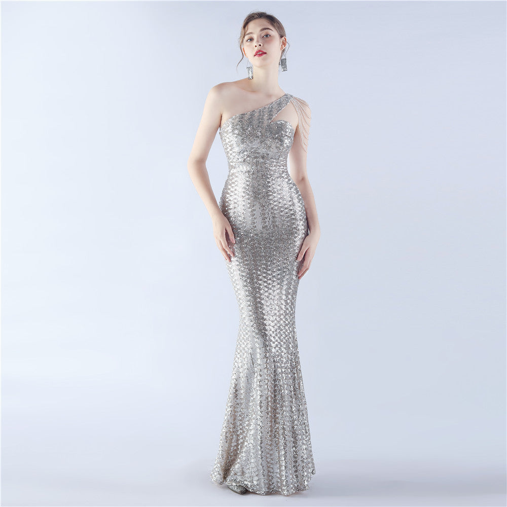 BamBam Women Beaded One Shoulder Slash Shoulder Evening Dress - BamBam Clothing