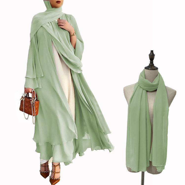 BamBam Muslim Solid Color Cardigan Feminine Flowing Chiffon Plus Size Women's Dress - BamBam