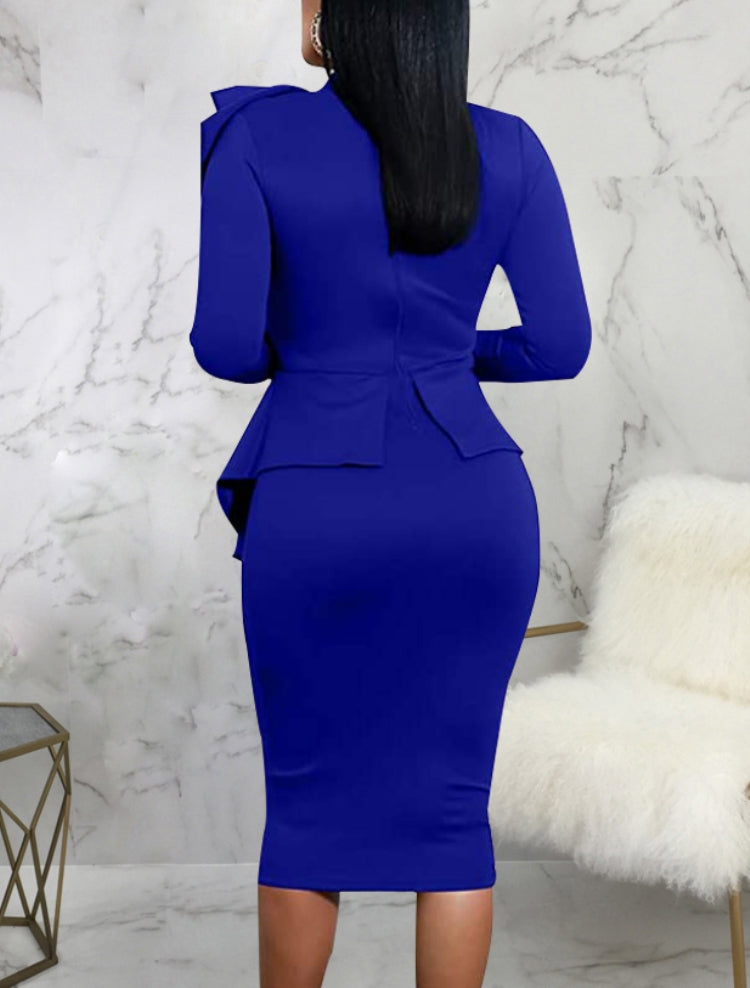 BamBam Women Spring Blue Formal Bow Long Sleeve Solid Knee-Length Office Dress - BamBam