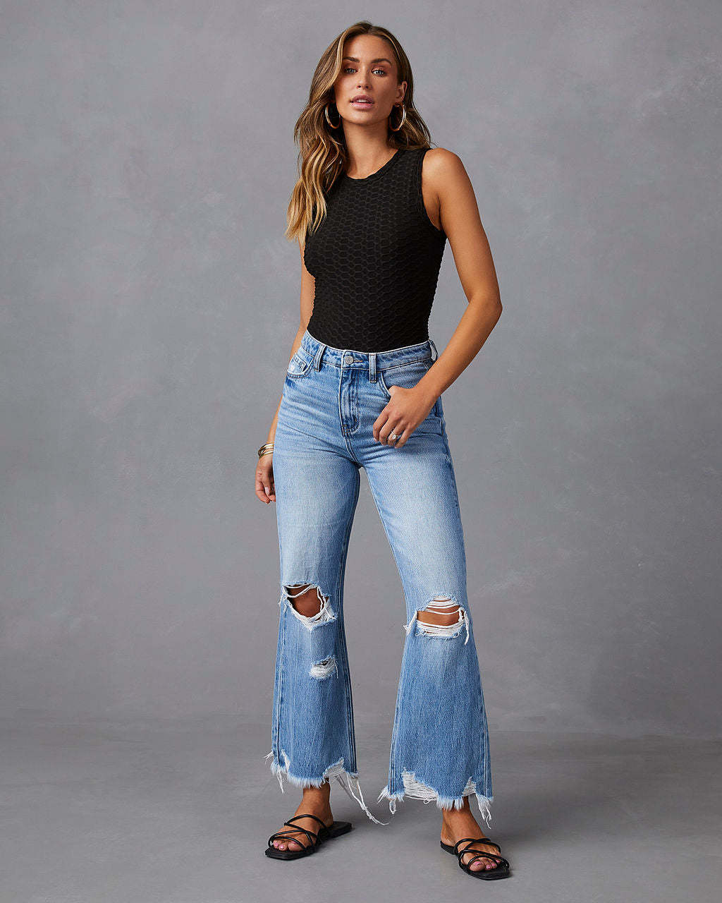 BamBam Tassel Washed Ripped Women's Denim Trousers Casual Mid-High Waist Wide Leg Pants - BamBam