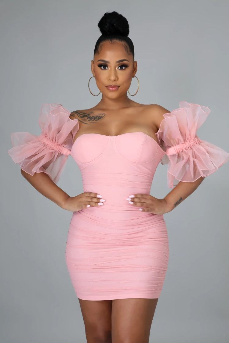 BamBam Summer Sexy Pink Puffed Lace Short Sleeve Off Shoulder Bodycon Dress - BamBam Clothing