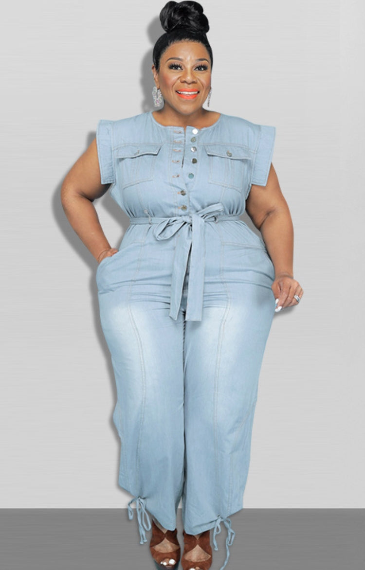 Summer Plus Size Sleeveless Denim Jumpsuit with Belt