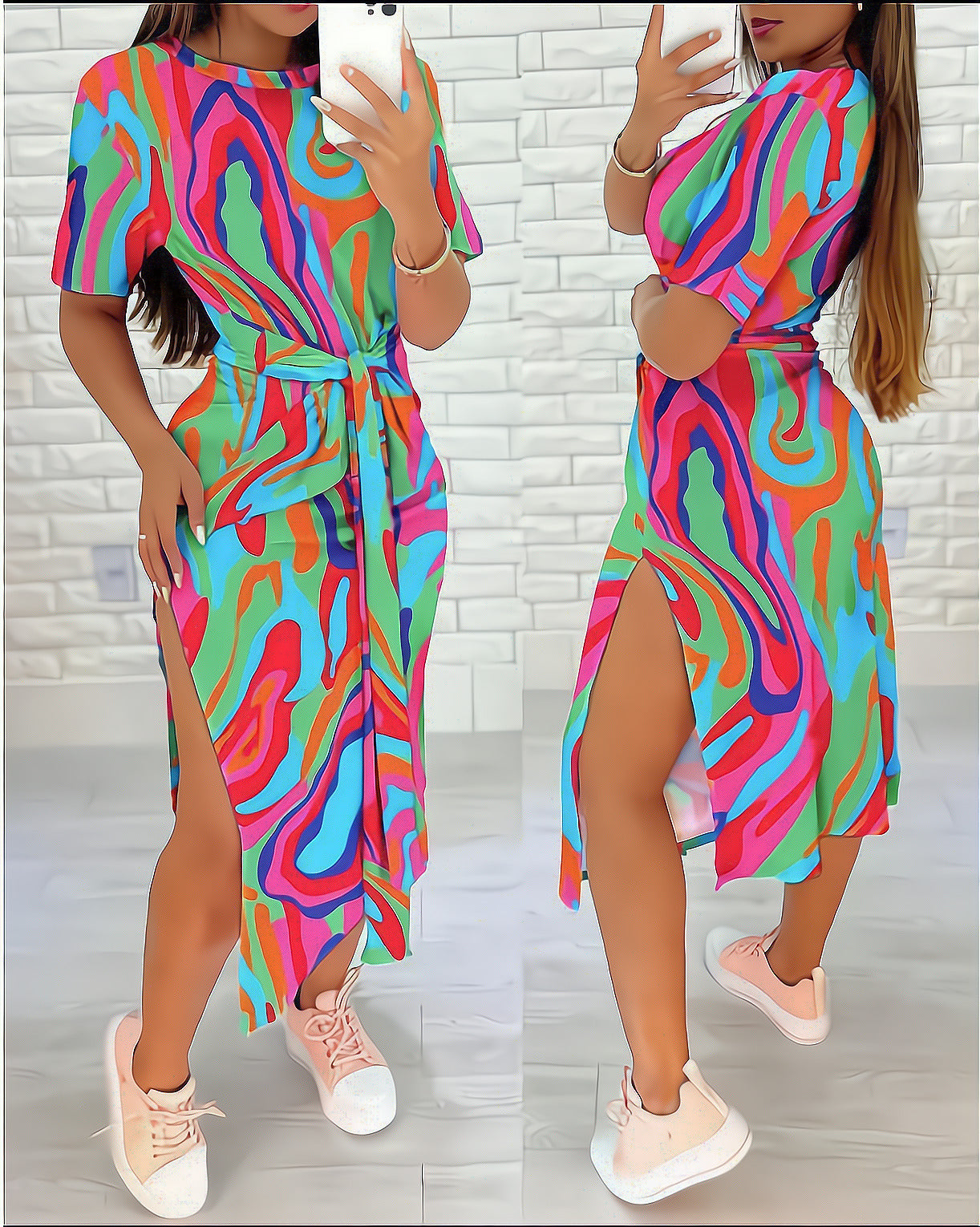 BamBam Summer Round Neck Geometric Print Bodycon Dress Women's - BamBam