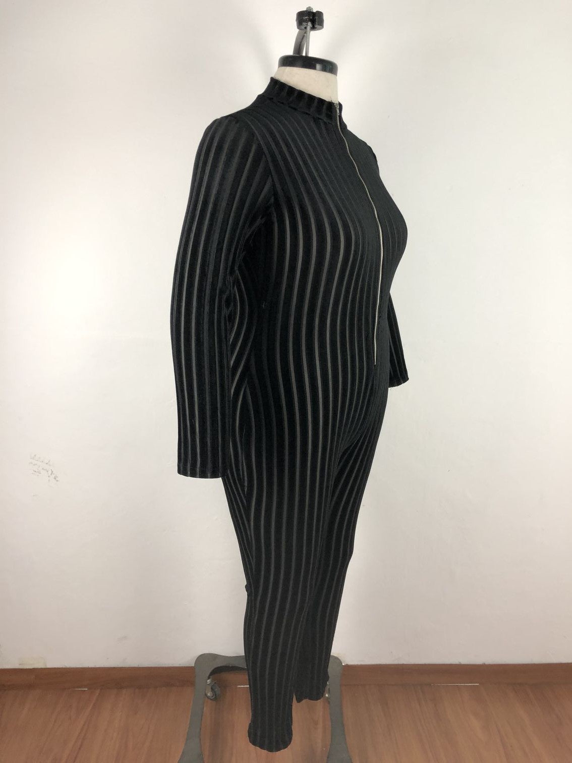 BamBam Plus Size Women'S Mesh Flocked Stripe Tight Fitting Zip Long Sleeve Jumpsuit - BamBam Clothing