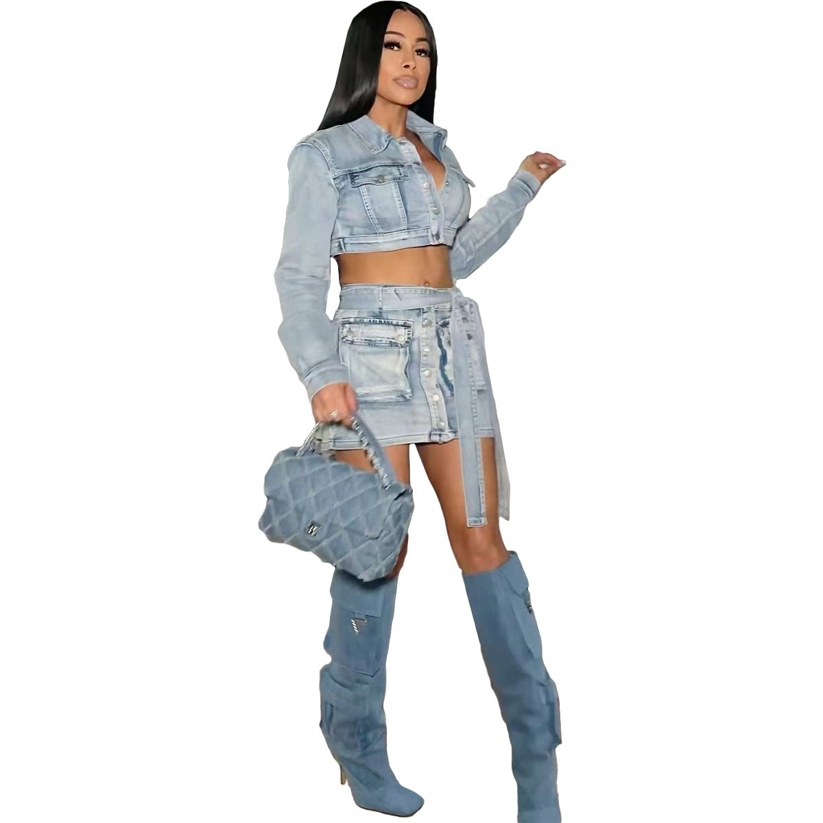 BamBam Fashion Washed Denim Belt Pocket Two Piece Skirt Suit - BamBam