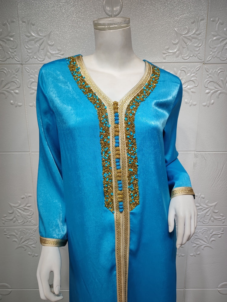 BamBam Arab Dubai Arab Middle East Turkey Morocco Islamic Clothing Kaftan Abaya Embroided Muslim Dress Blue - BamBam