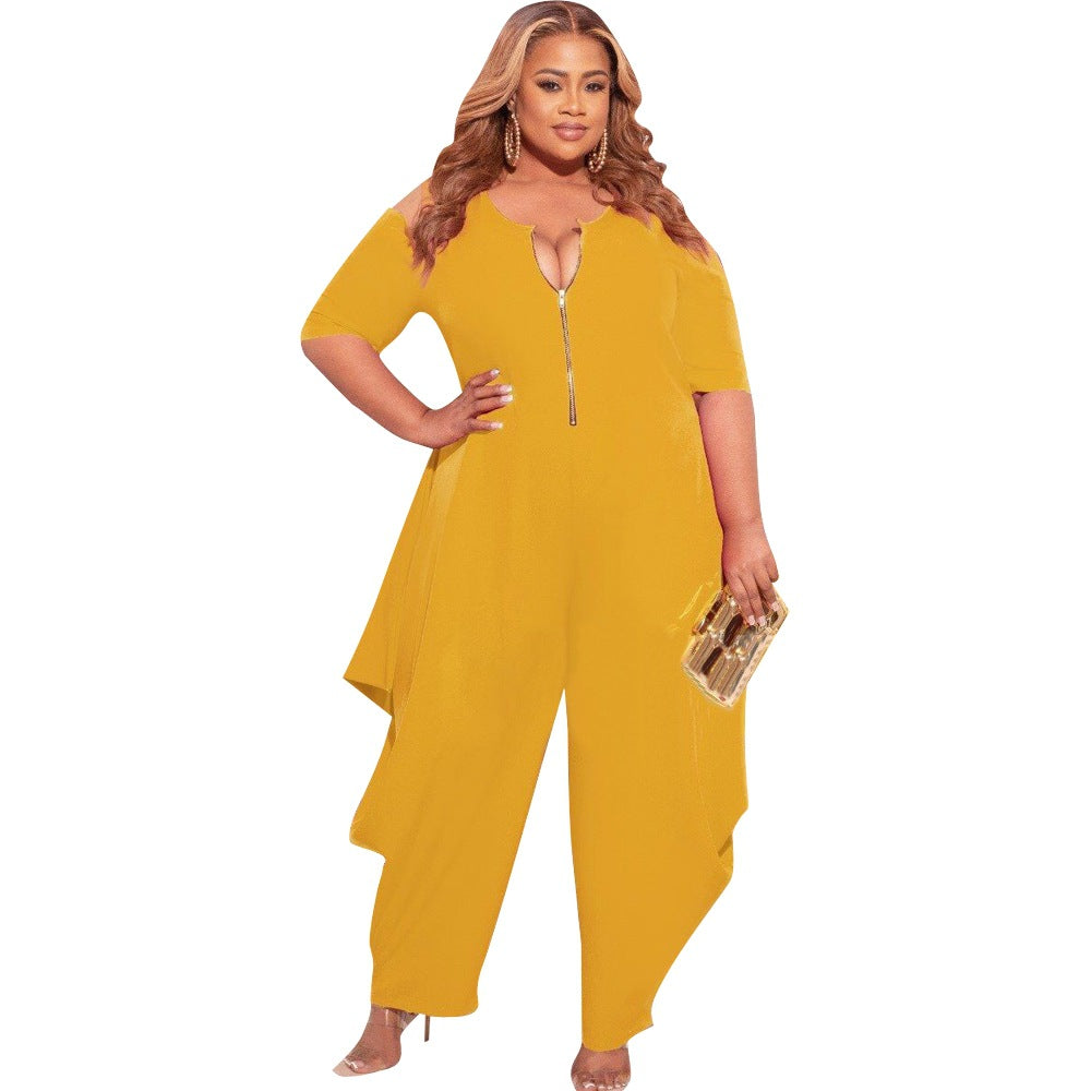 BamBam Plus Size Women Solid Zip Short Sleeve Jumpsuit - BamBam Clothing