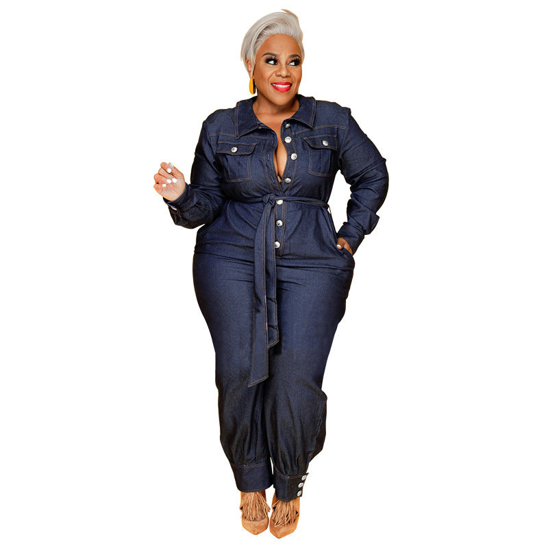 BamBam Fall Plus Size Women's Wash Denim Long Jumpsuit - BamBam Clothing