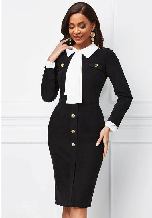 Women Color Block Solid Long Sleeve Dress