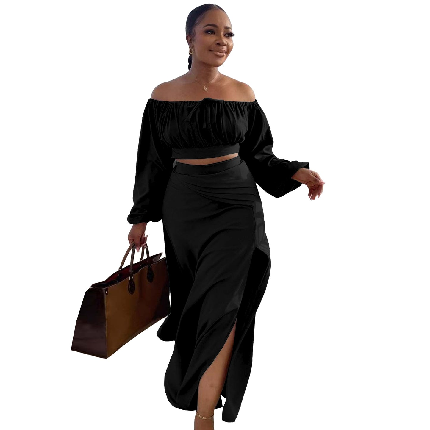 BamBam Plus Size Women Sexy Off Shoulder Balloon Sleeve Top and Skirt Two-Piece Set - BamBam