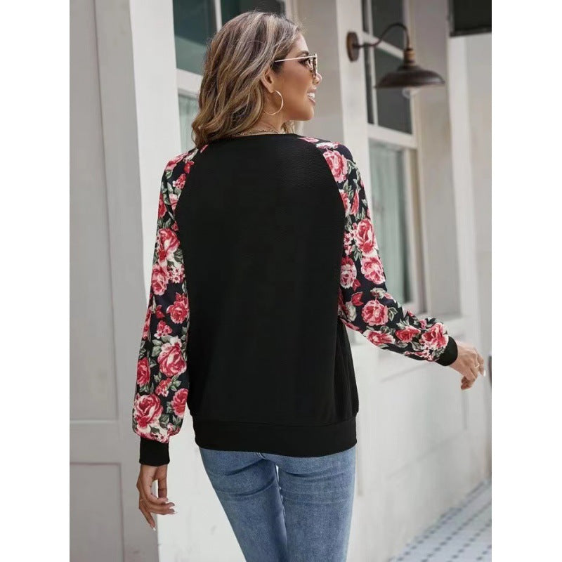 BamBam Autumn Printed Patchwork Fashionable And Versatile Casual Round Neck Long Sleeve T-Shirt Women's Clothing - BamBam