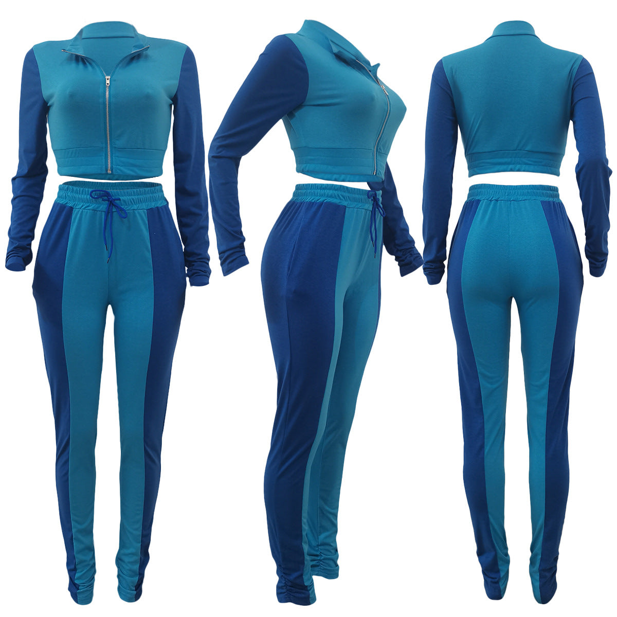BamBam Women Autumn and Winter Casual Color Block Long Sleeve Top and Pant Two-piece Set - BamBam