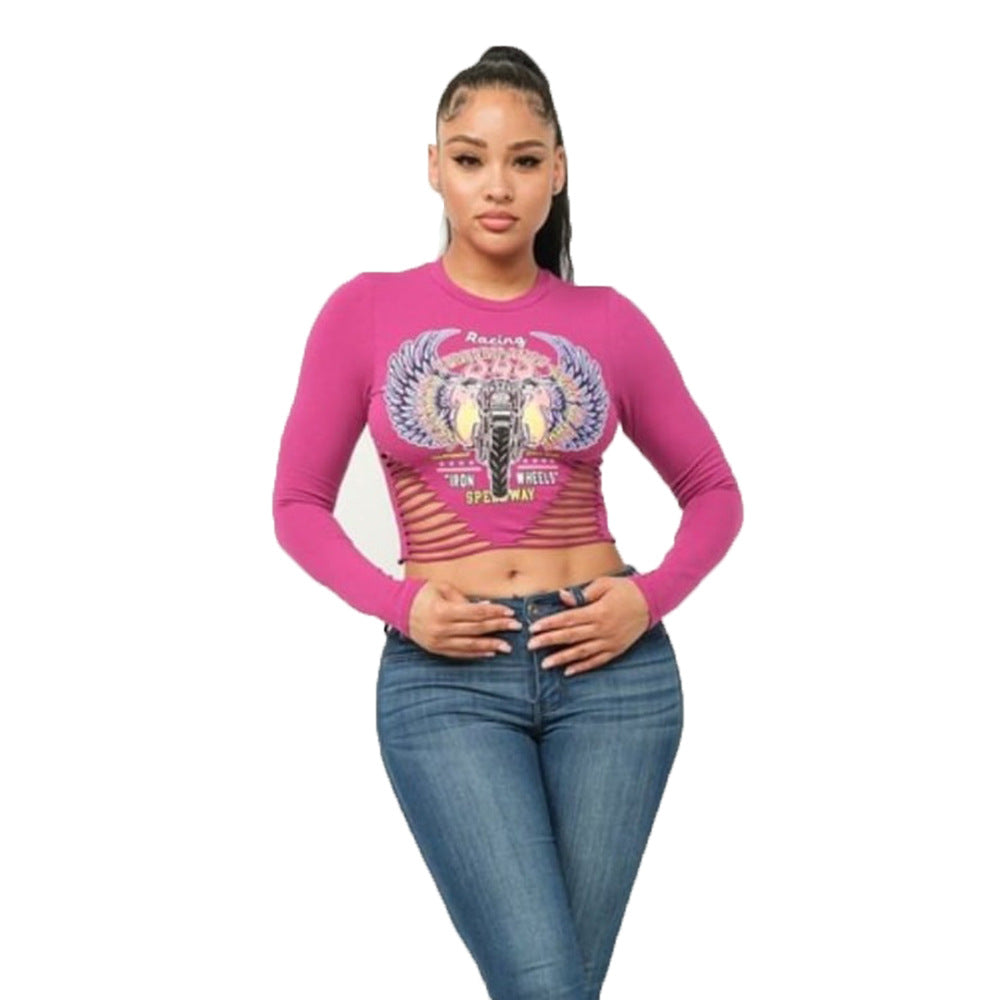 BamBam Round Neck Crop Cut Women's Tight Fitting Letter Long Sleeve Top T-Shirt - BamBam
