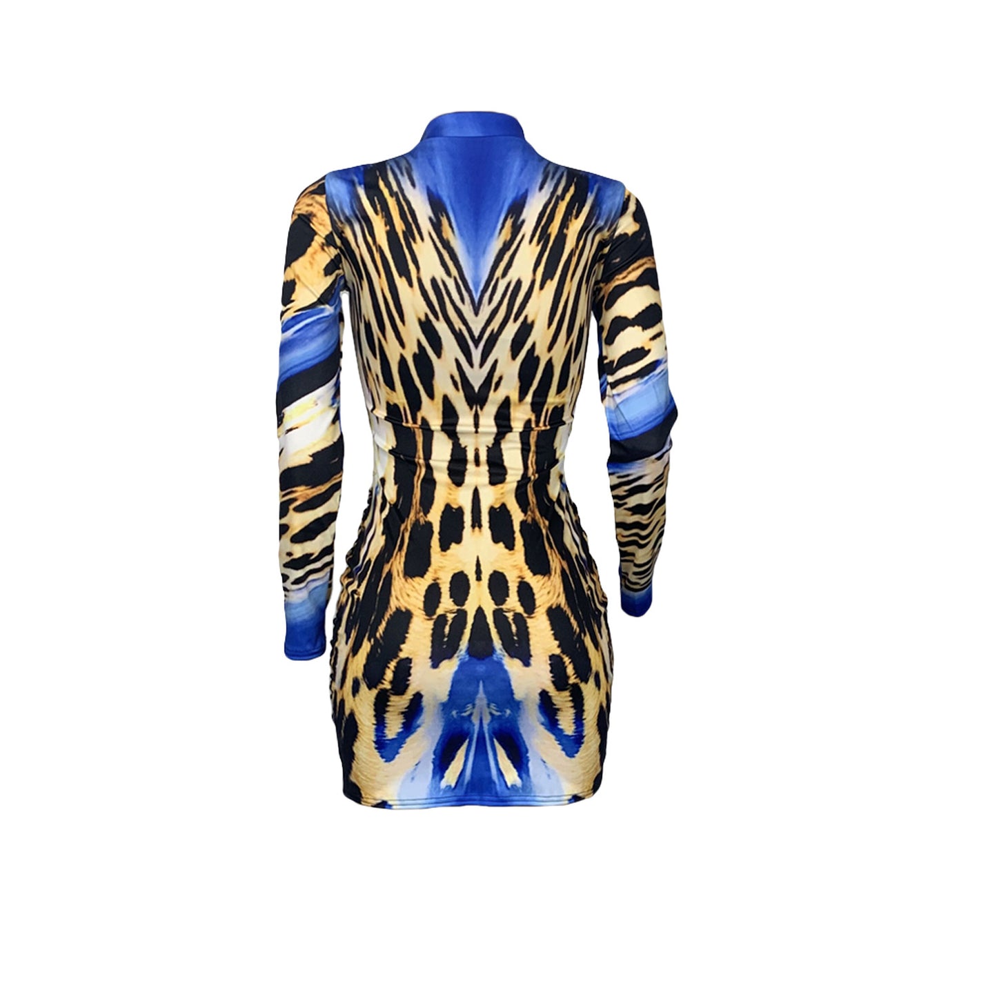 BamBam Women Autumn Leopard Print Pleated Sexy Long Sleeve Dress - BamBam Clothing