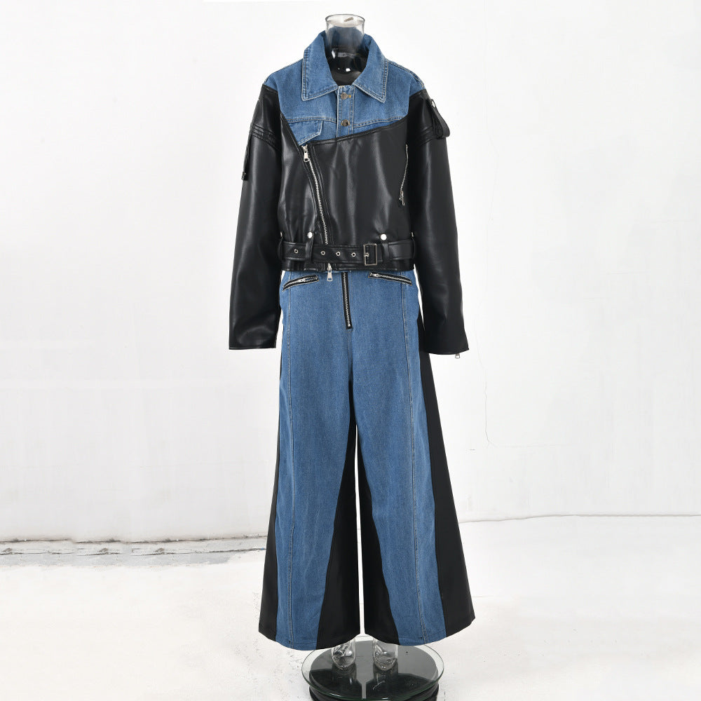 BamBam Autumn And Winter New Denim Patchwork Pu Jacket + Super Wide-Leg Pants Two-Piece Set - BamBam