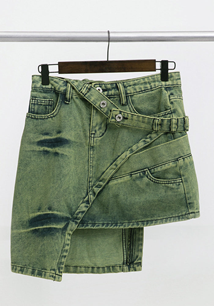 Trendy Belt Style Green Denim Skirt Women's Irregular Short Skirt