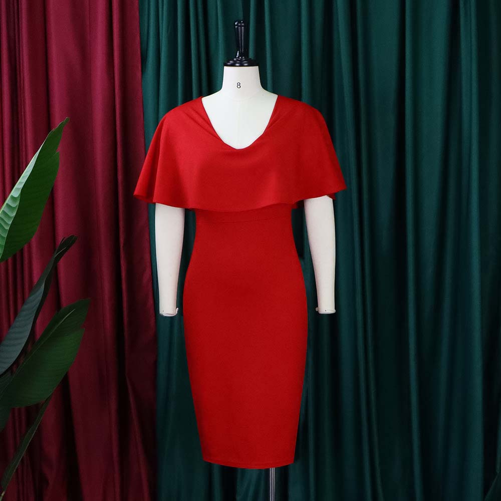 BamBam Women Summer Red Formal V-neck Cape Sleeve Solid Midi Sheath Office Dress - BamBam