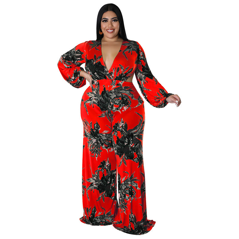 BamBam Plus Size Women's Big Flower Print Sexy Low Back Lace-Up Long Sleeve Jumpsuit - BamBam Clothing