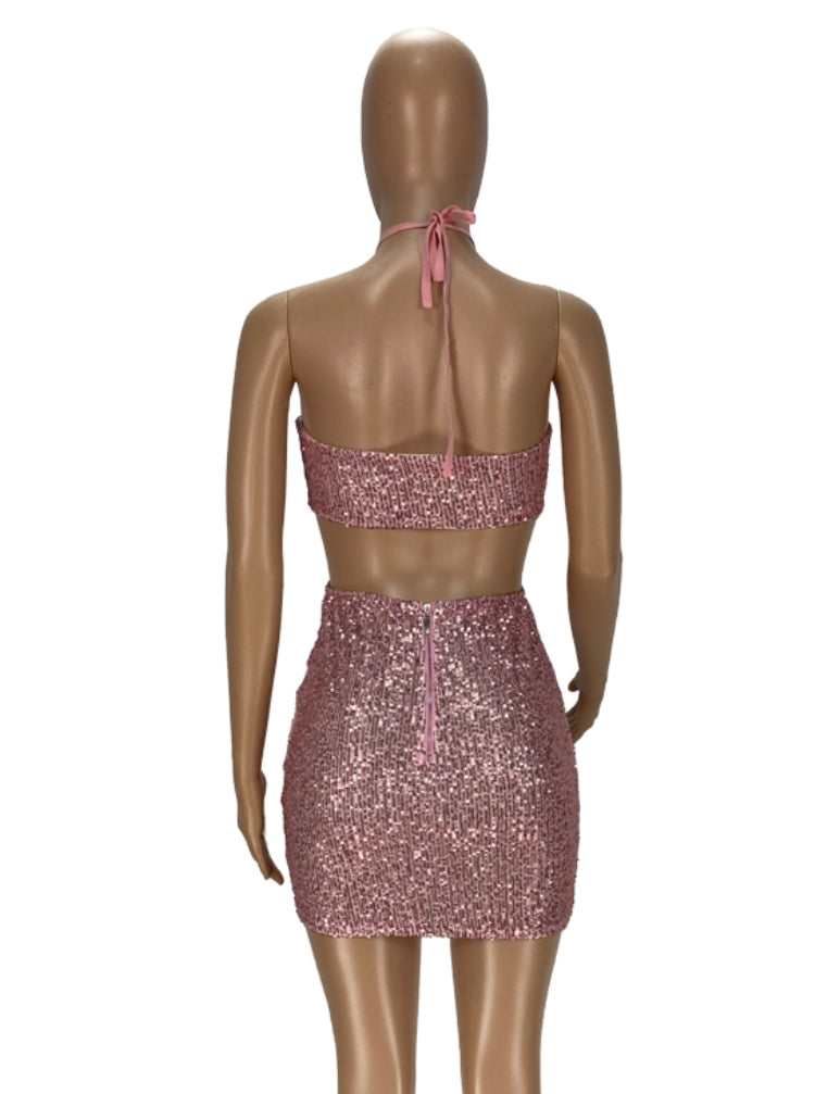 BamBam Summer Sexy Pink Sequins Backless Halter Sleeveless Midi Dress - BamBam Clothing