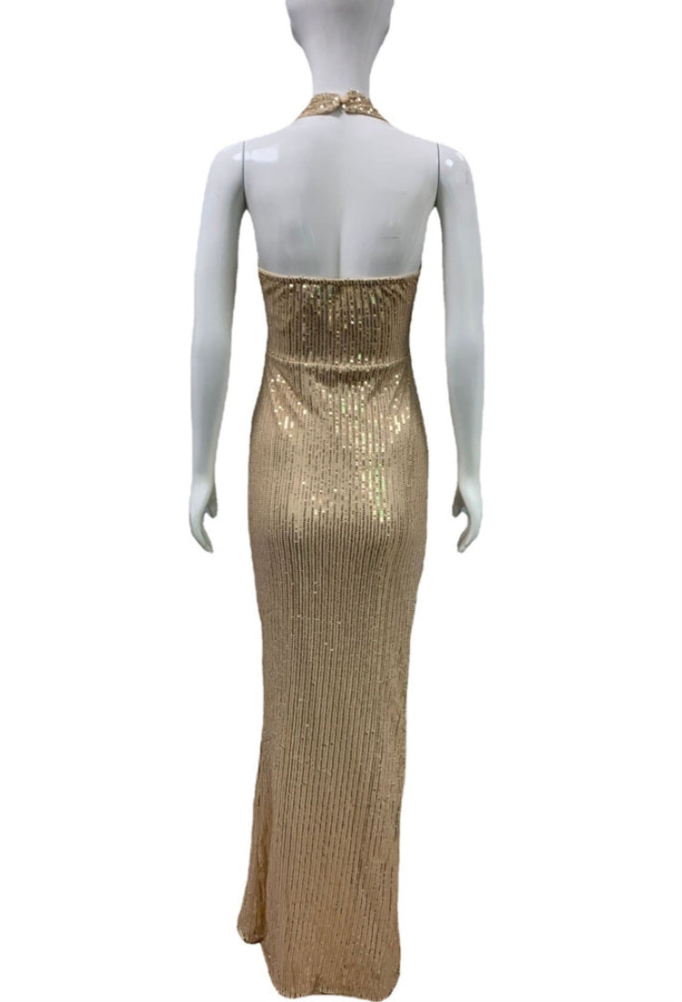 BamBam Women Summer Gold Sexy Halter Sleeveless Solid Sequined Slit Evening Dress - BamBam Clothing