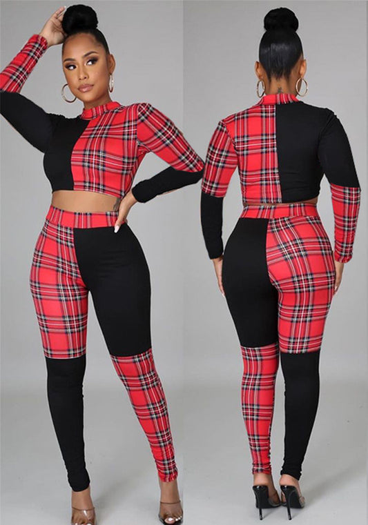 Women Sexy Plaid Color Block Top and Pant Two-piece Set
