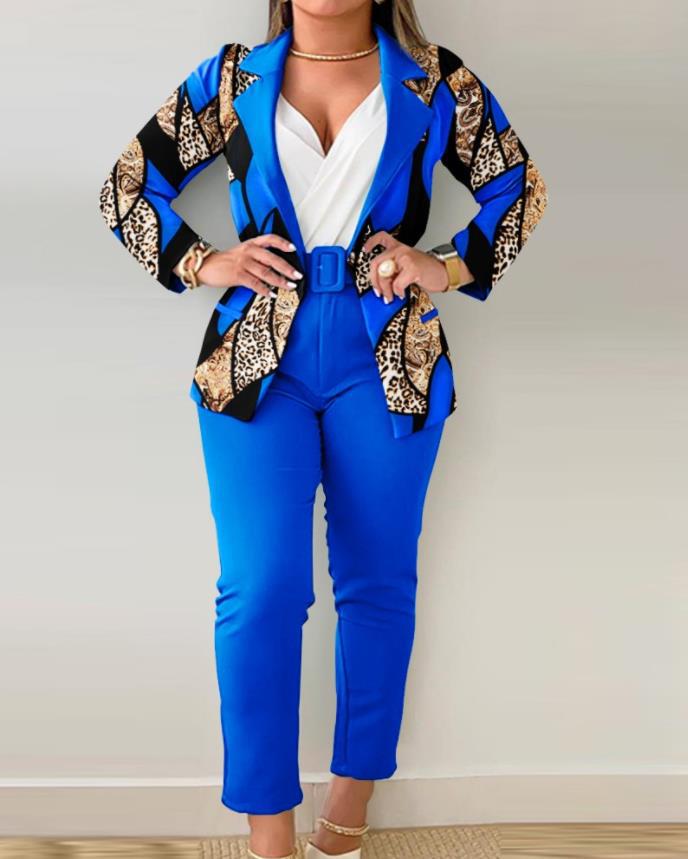 BamBam Women Printed Casual Blazer and Pant Two-Piece Set with Belt - BamBam Clothing