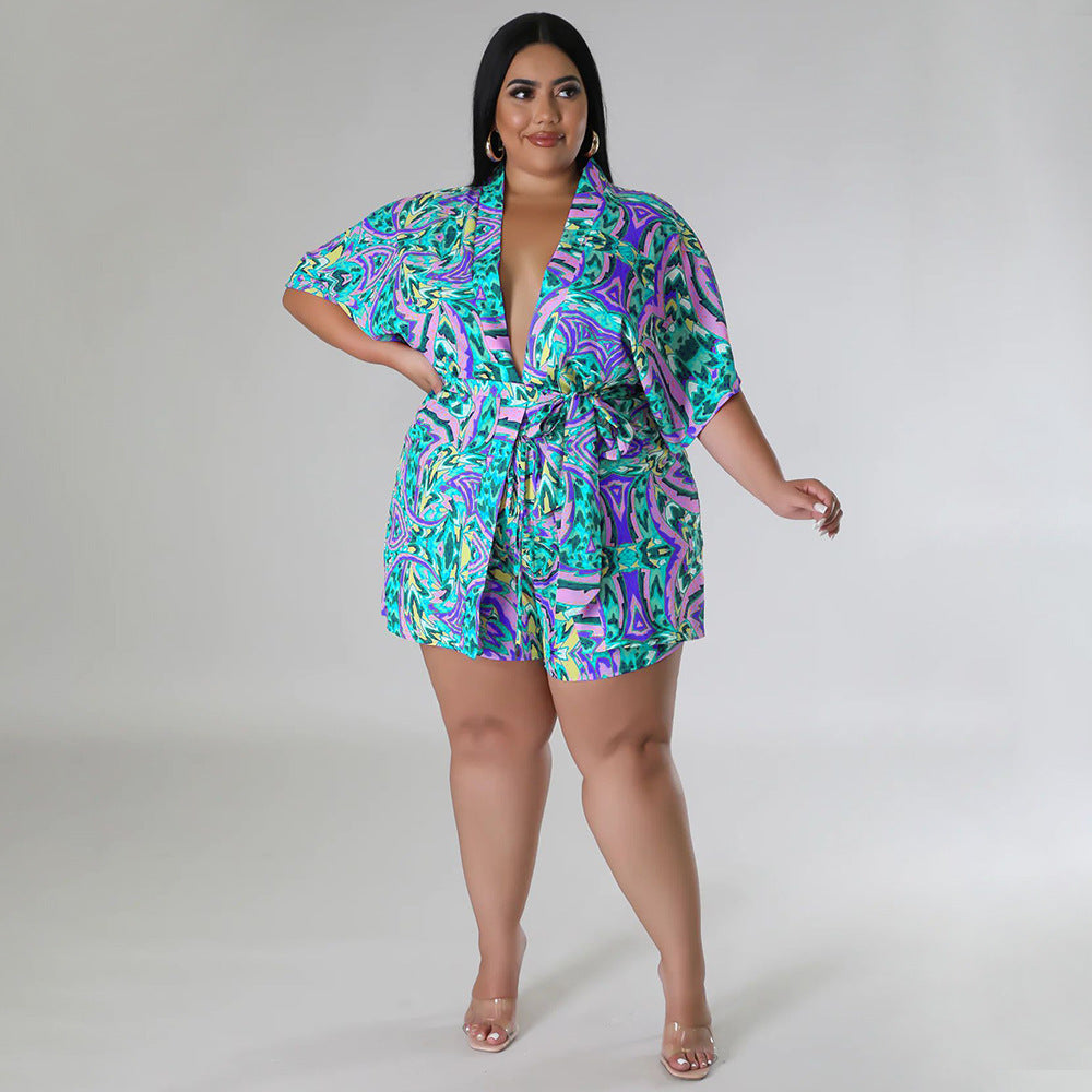 BamBam Summer Plus Size Loose Print Blouse Lace-Up Shorts Multi-Color Two-Piece Set - BamBam