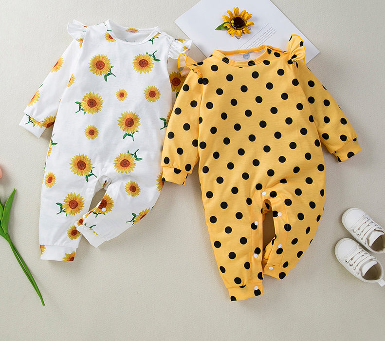 BamBam Baby Girl Printed Polka Dot Sunflower Long Sleeve Romper - BamBam