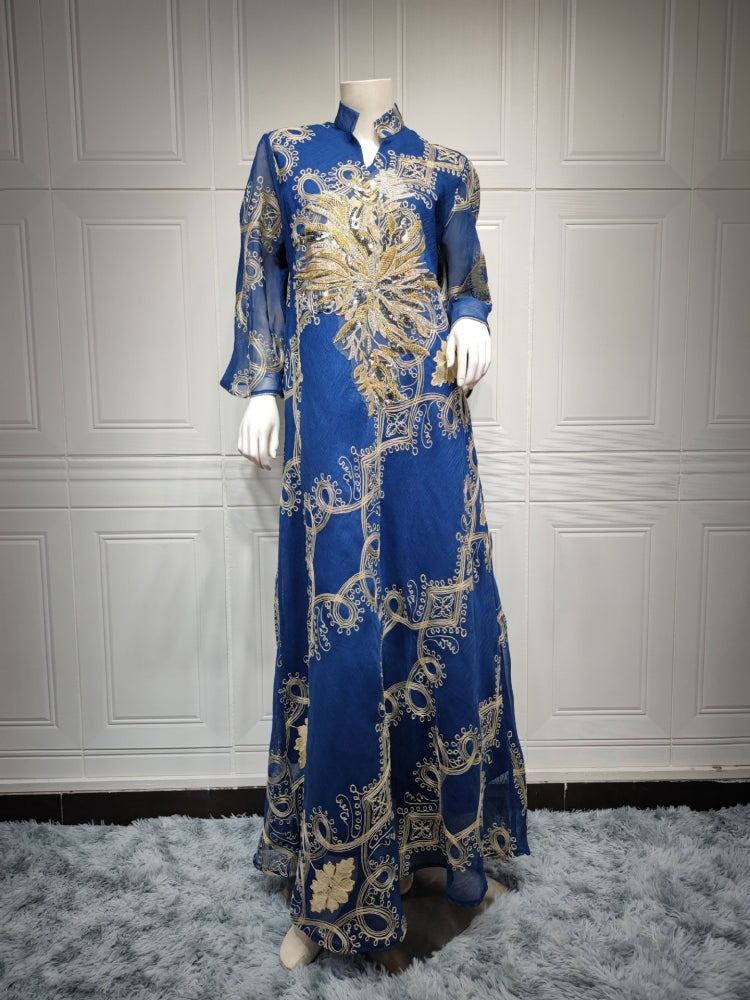 BamBam Women Spring Printed Embroidery Islamic Clothing Kaftan Abaya Muslim Dress - BamBam