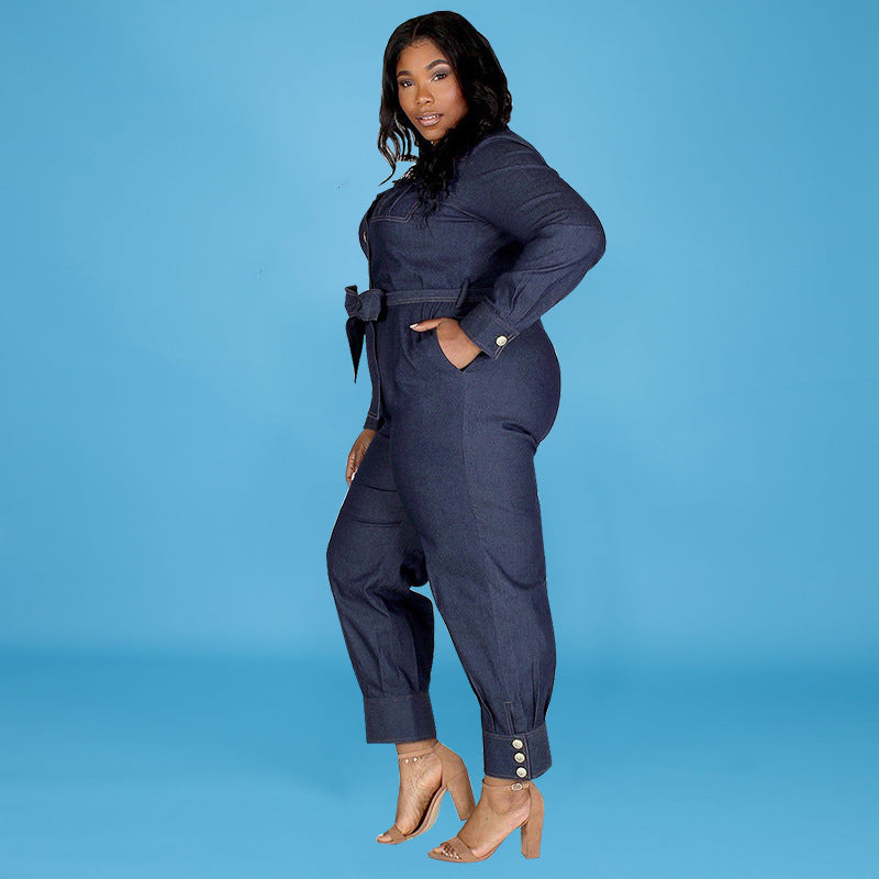 BamBam Fall Plus Size Women's Wash Denim Long Jumpsuit - BamBam Clothing