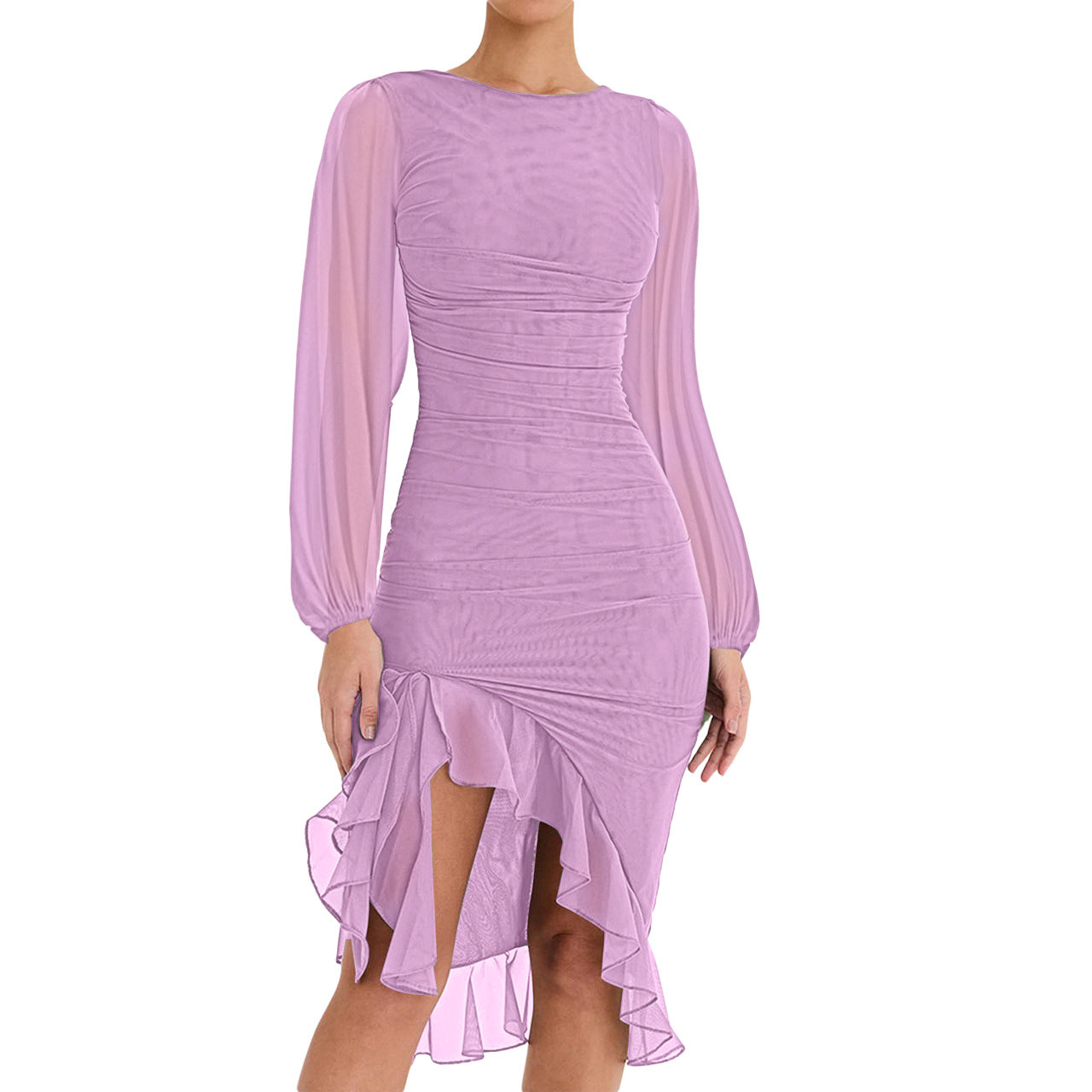 BamBam Women Long Sleeve Mesh See-Through Clipped Ruffle Dress - BamBam Clothing