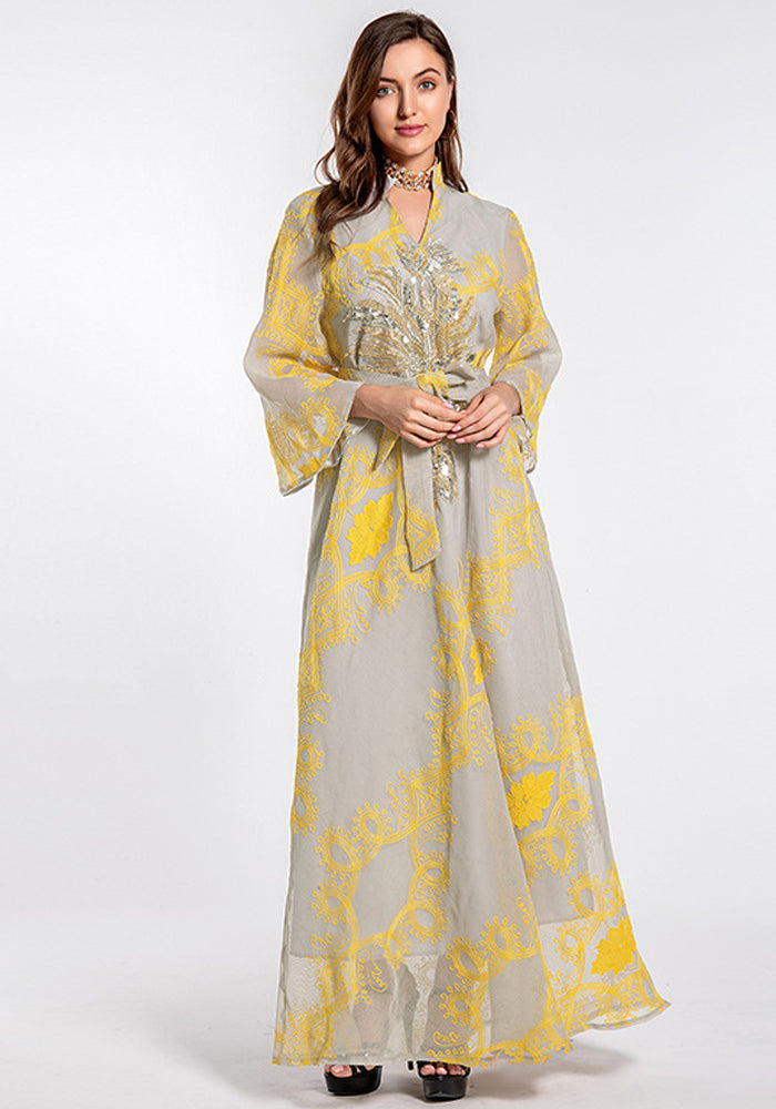 Women Spring Printed Embroidery Islamic Clothing Kaftan Abaya Muslim Dress