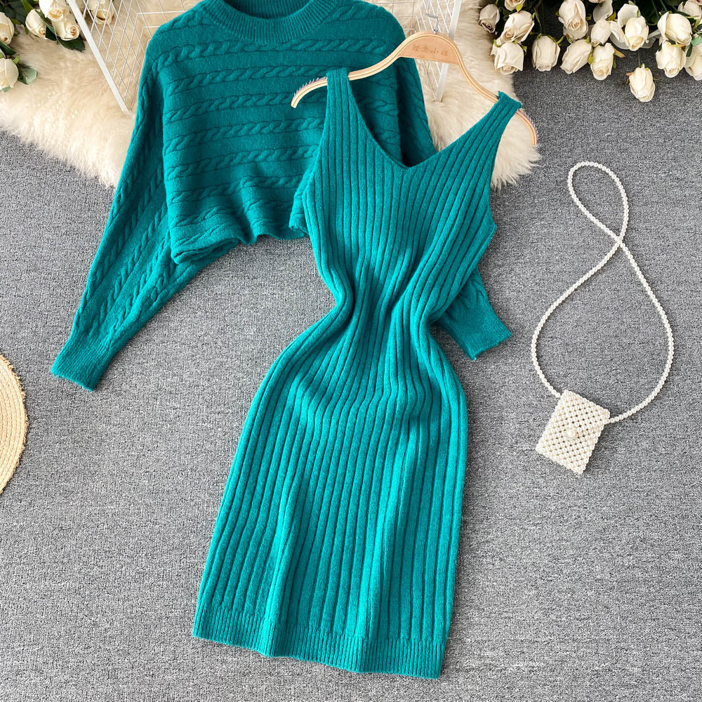 BamBam Women French sexy Bodycon Strap Dress +and loose knitting sweater two-piece set - BamBam