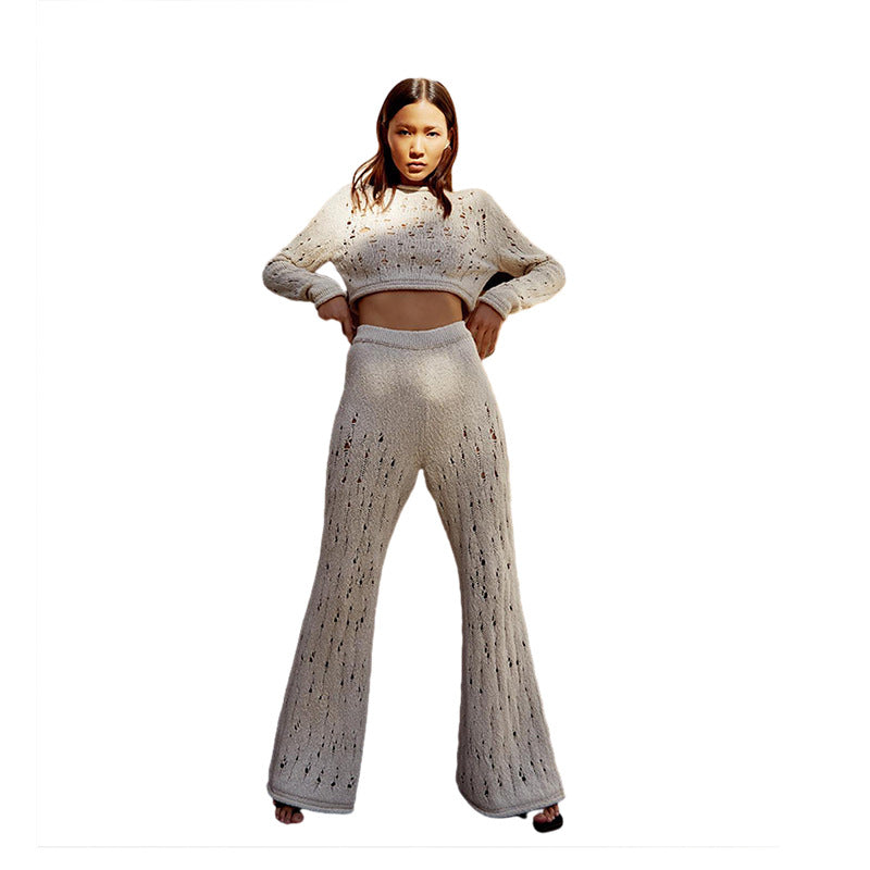 BamBam Autumn Women knitting Ripped long-sleeved Top and high-waisted straight Pant Casual two-piece set - BamBam